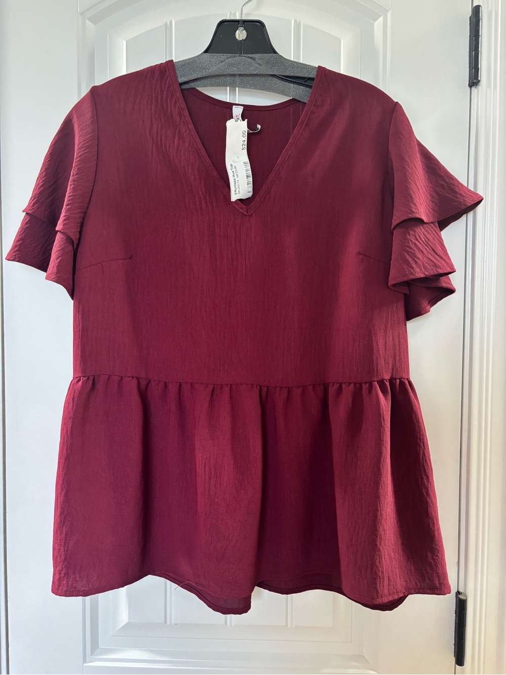Women's Burgundy V-Neck Peplum Blouse with Flutter Sleeves